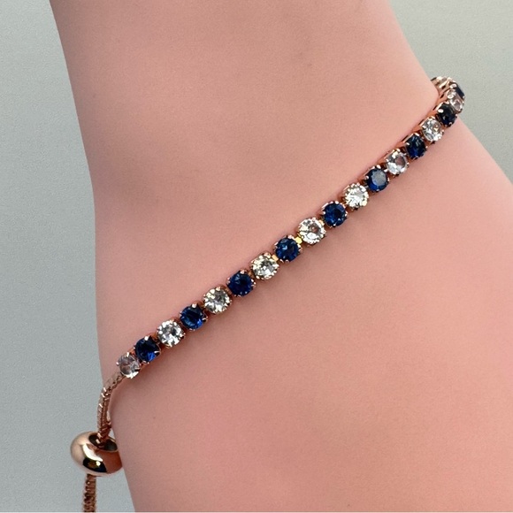 Unsigned Jewelry - Rose Gold Tone Plated Blue & Clear Crystal Slider Bracelet Adjustable